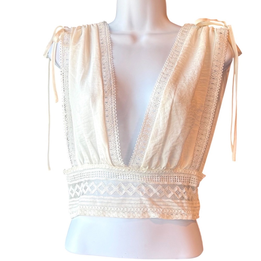 Shein Lace Trim Deep V Cropped Blouse Cream White Women's Size Large